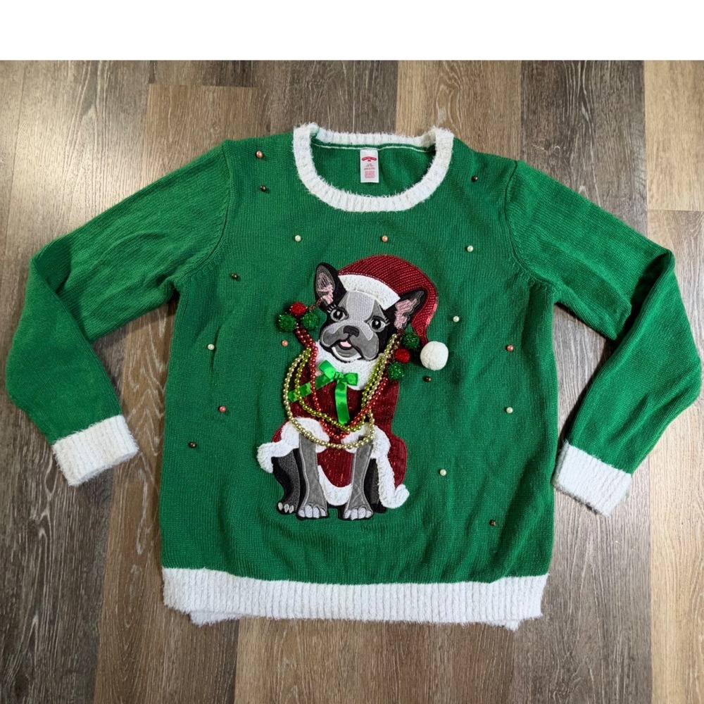Holiday Time Christmas Sweater Women L Green French Bulldog Beaded Embellished